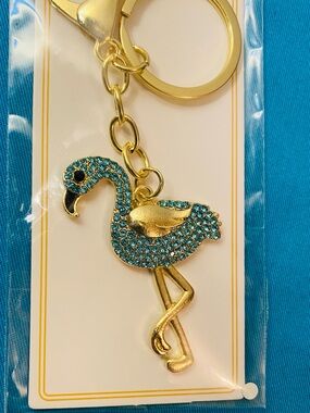 The Blossom Gold & Blue Rhinestone Flamingo Keychain